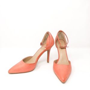 Coral Pink Pointed Toe High Heel Ankle Strap Pumps